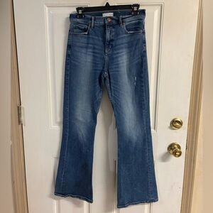 27/4 Loft Vintage Dark Indigo Wash High Rise Slim Flare distressed/ripped Jeans.
